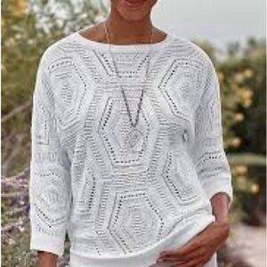 J Jill Womens Windsor Sweater Cotton Loose Knit 3/4 Sleeve White Petite Sz M